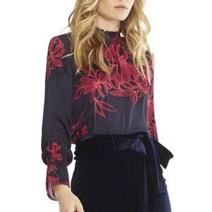 Misa Los Angeles Giana Blouse Floral High Neck Long Sleeve Red Purple Size Small
